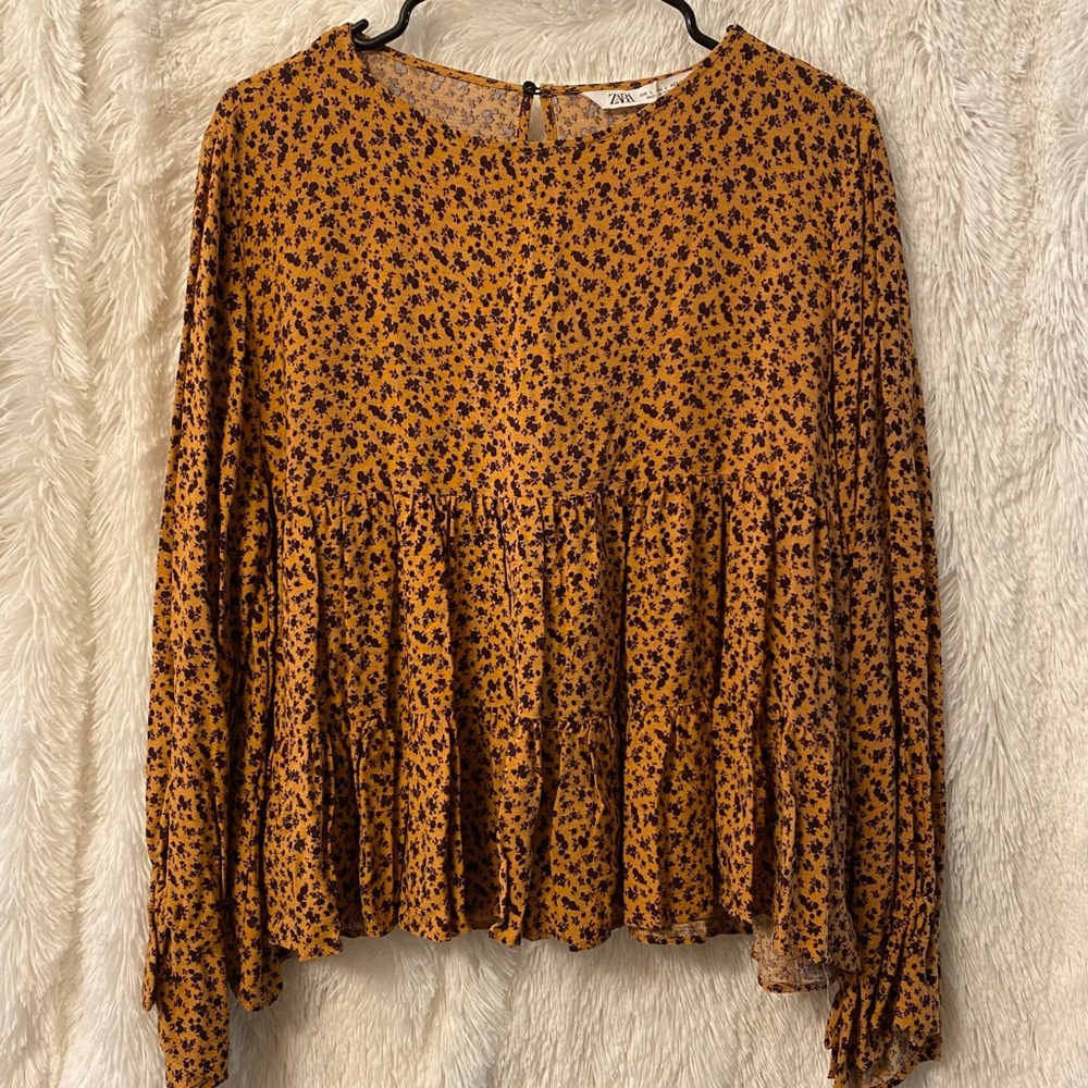 Zara Burnt Mustard/Burgundy Floral Peplum Top